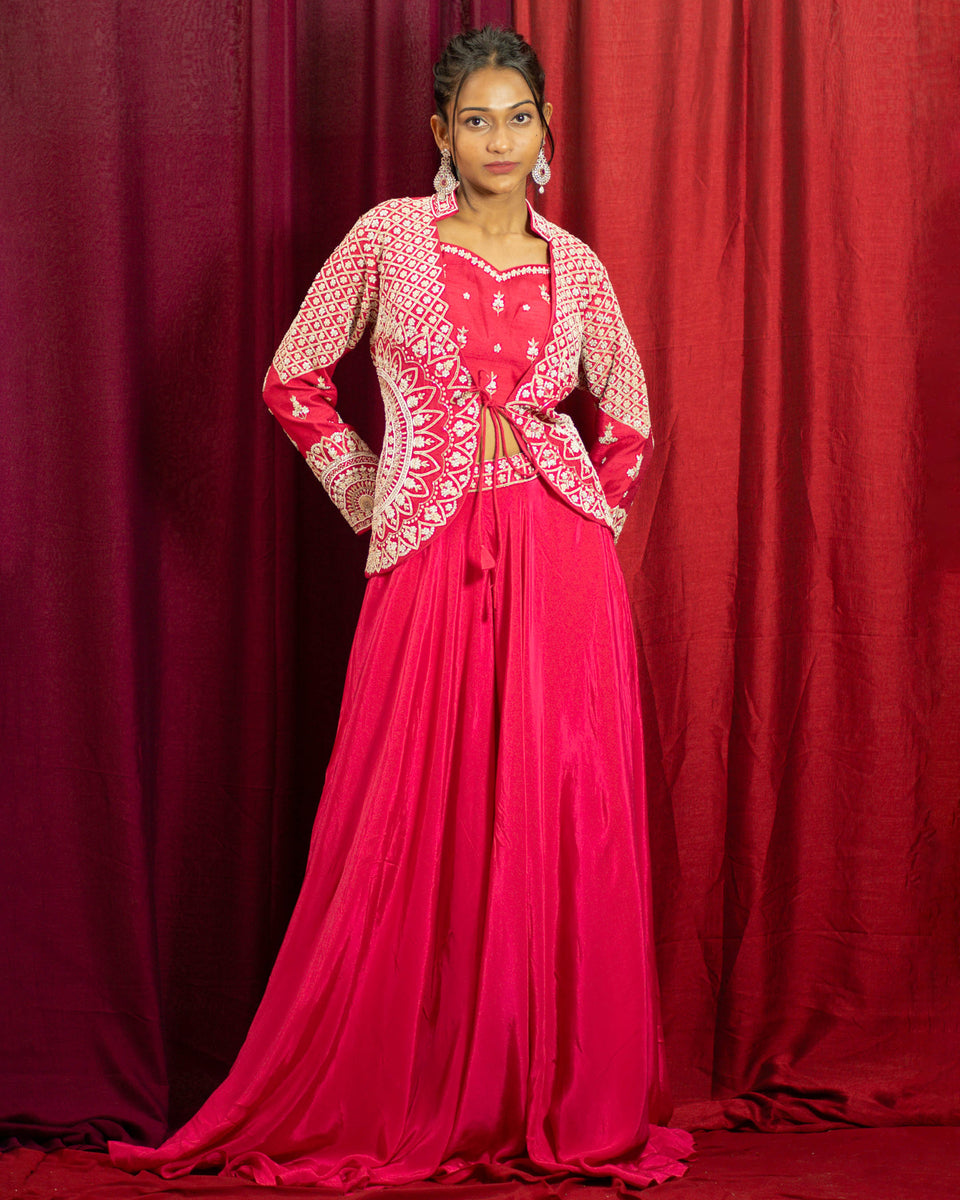 Rani Pink Three-Piece Indo-Western with Pearl Work Jacket – House