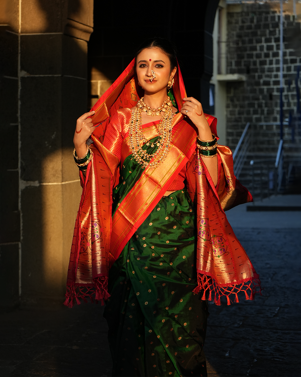 Regal Green and Red 9-Yard Saree House of Hind
