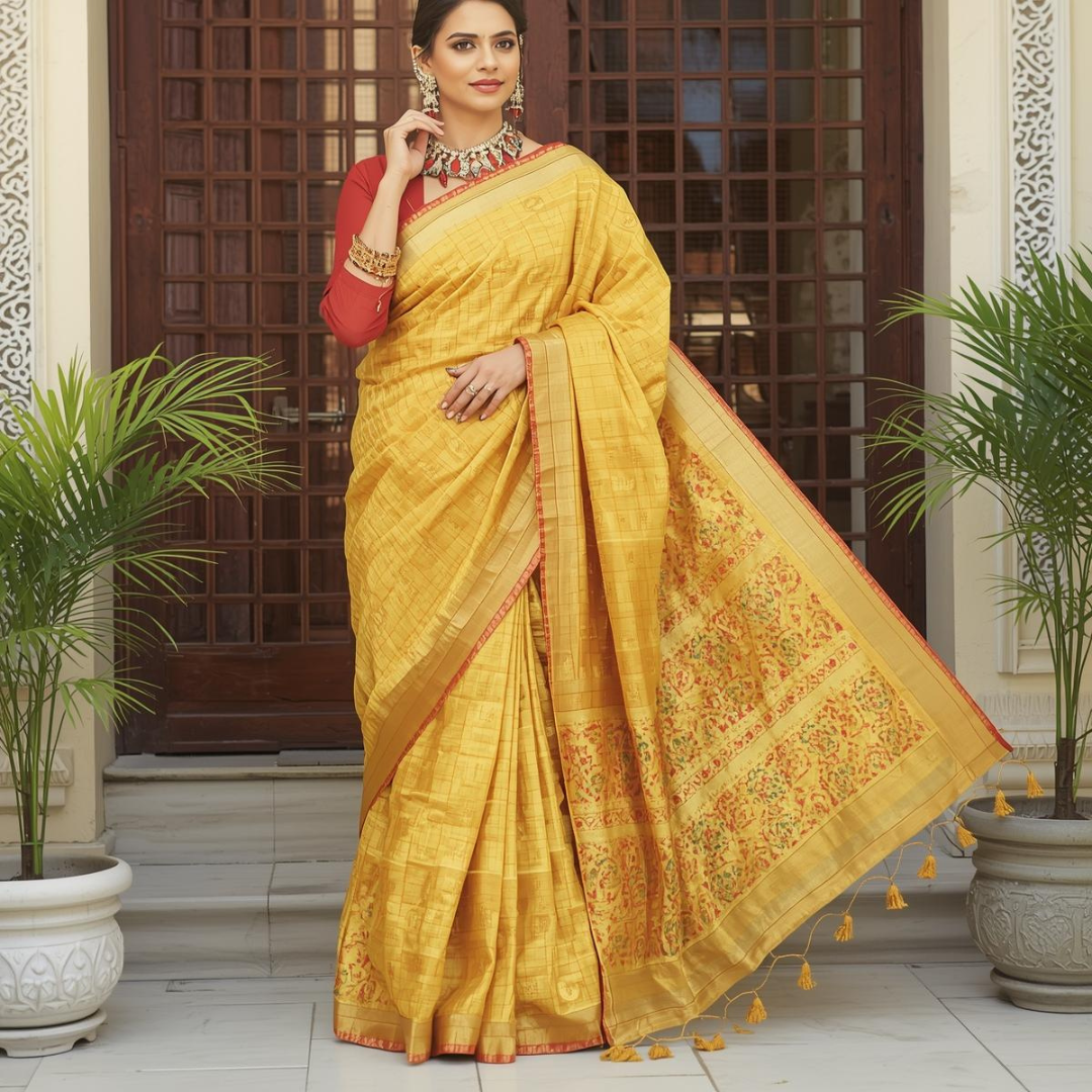 Latest Bridal Trends in Golden Kanjivaram Saree | House of Hind