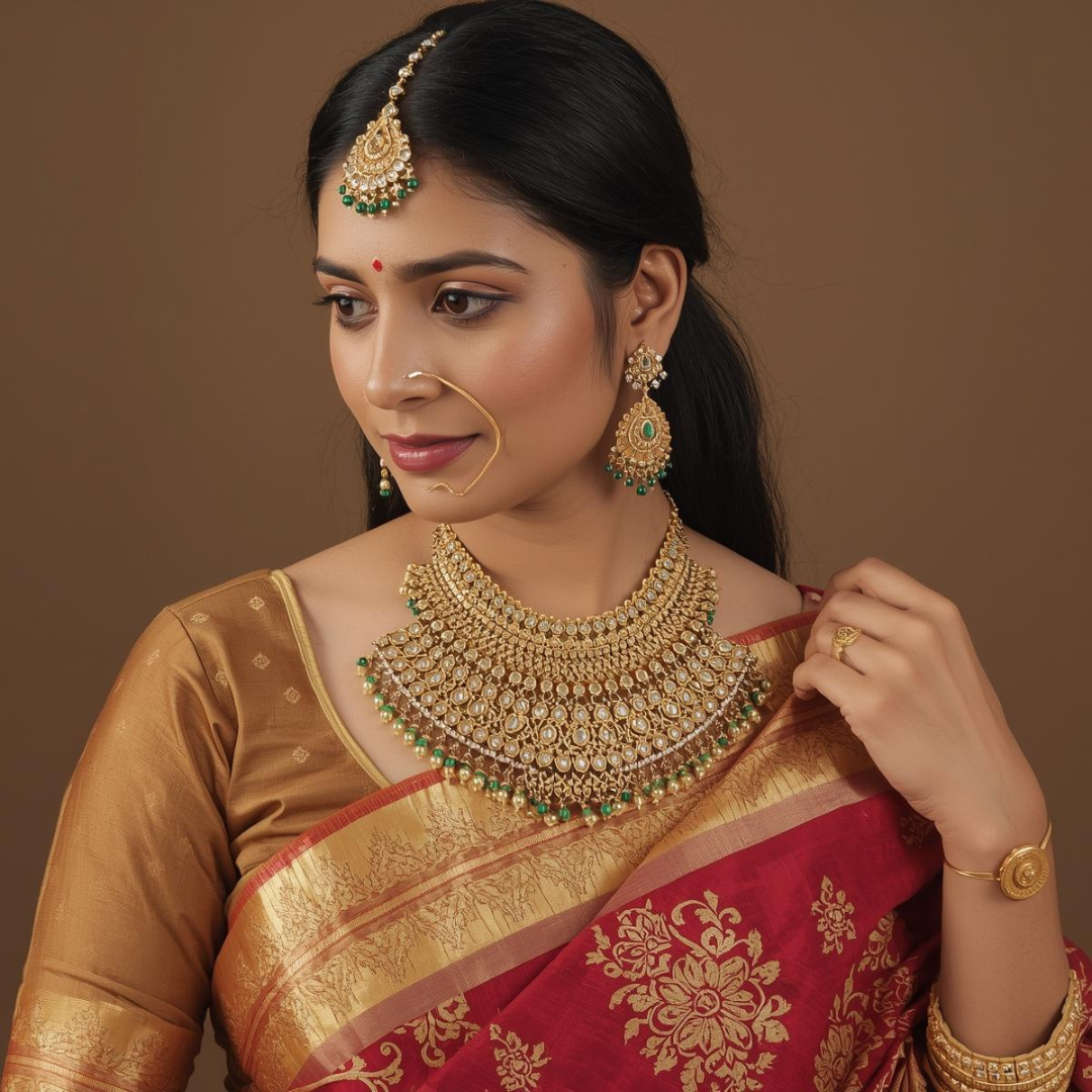 How to Match Jewelry with Golden Kanjivaram Saree | House of Hind