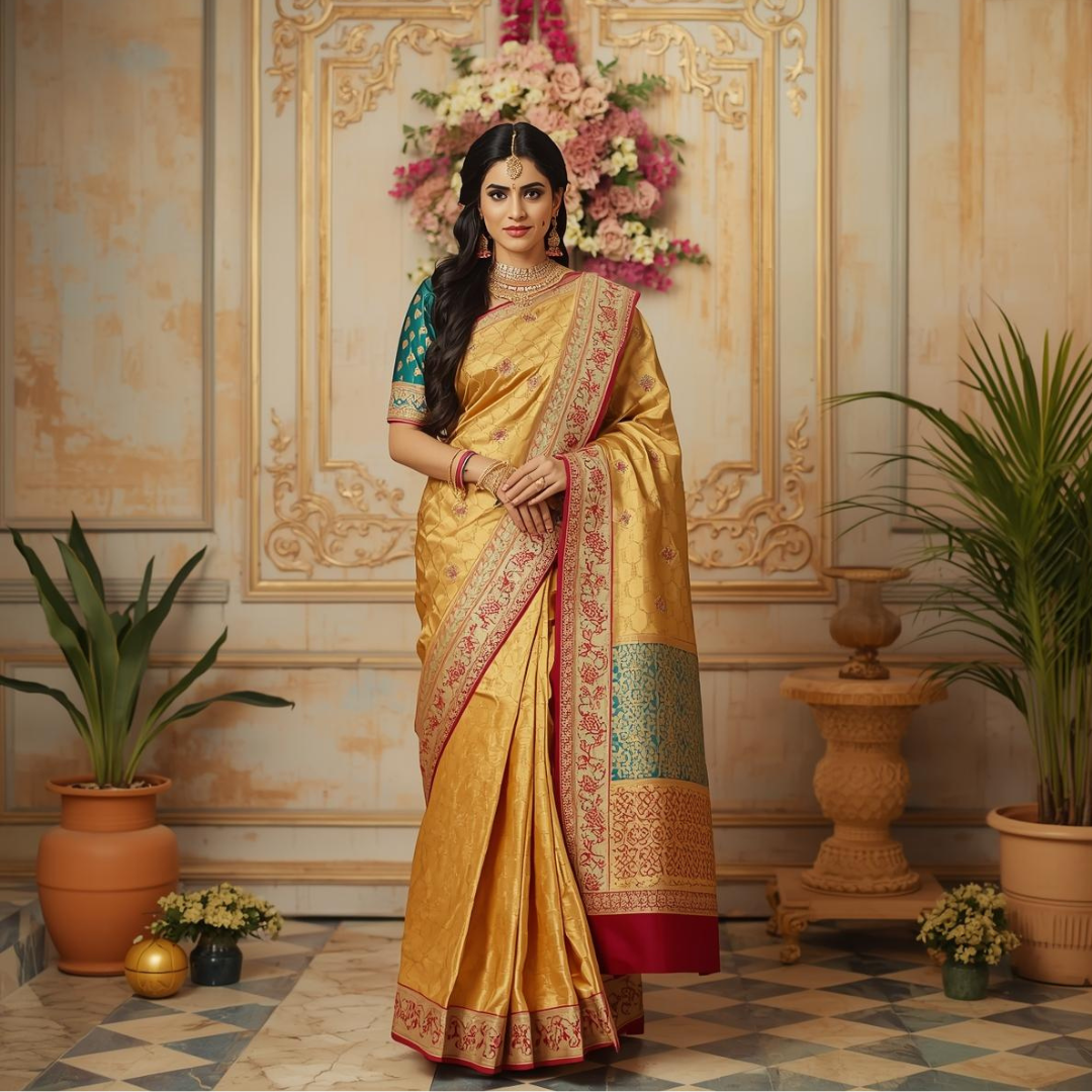 How to Style Hair with Golden Kanjivaram Saree | House of Hind