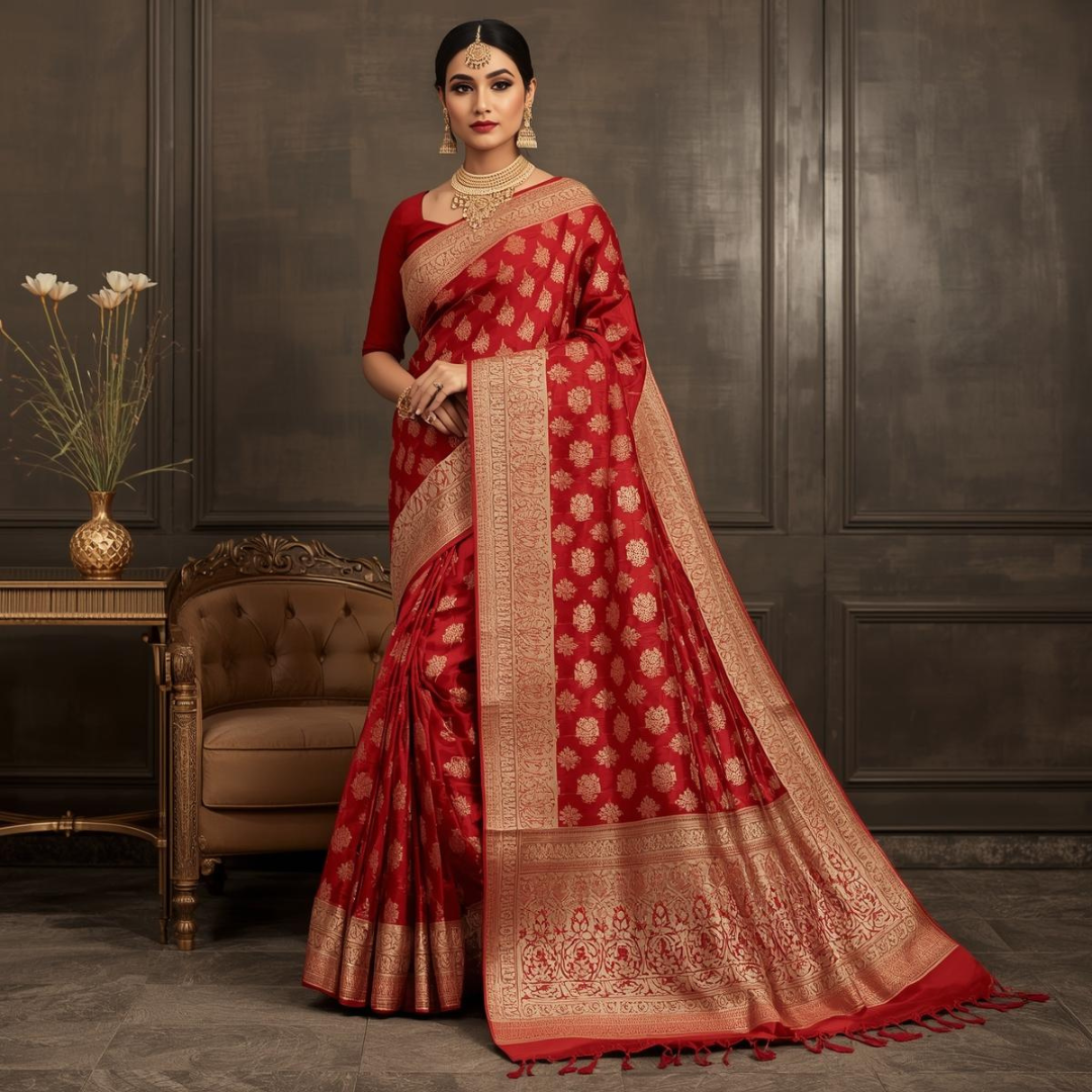 Classic Vermilion Red Kanjivaram Sarees House of Hind