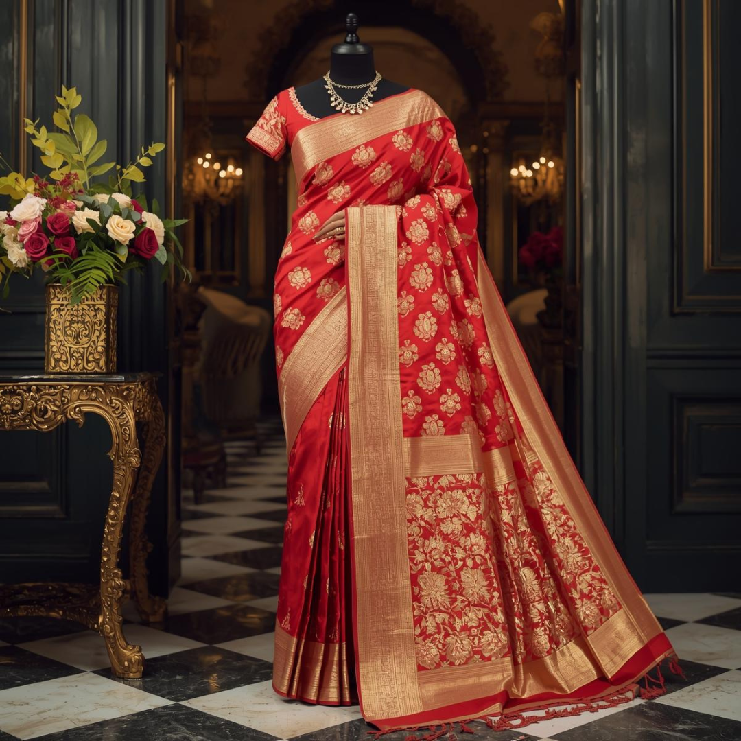 Explore Bridal Red Kanjivaram Silk Saree at House of Hind