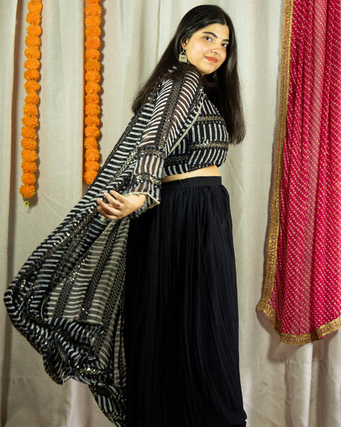 Black & White Stripes Three-Piece Indo-Western Set