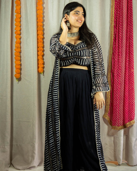 Black & White Stripes Three-Piece Indo-Western Set