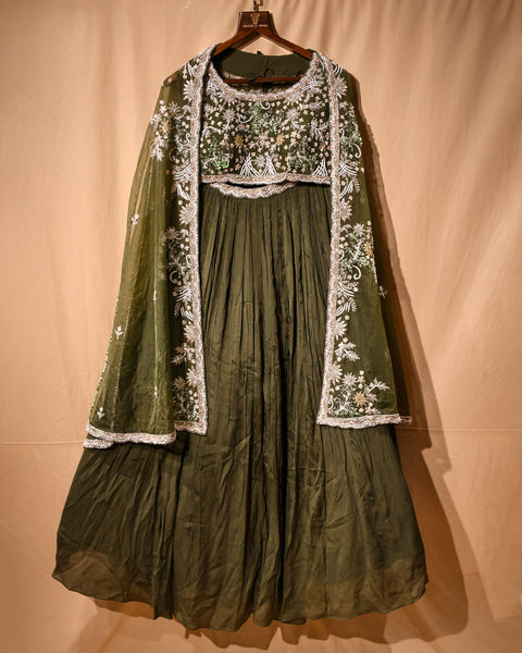 Dark Olive Green Lehenga with Designer Cape