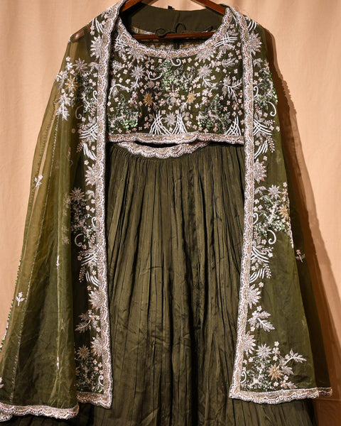 Dark Olive Green Lehenga with Designer Cape