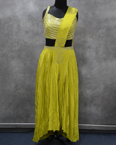 Neon Yellow Muslin Silk Pre-draped Saree
