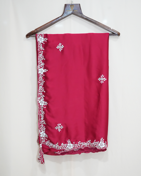Red Satin Saree with Embroidered Blouse