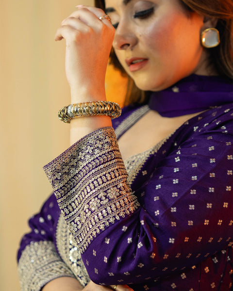 Purple Raw Silk Anarkali Suit with Heavy Silver Work