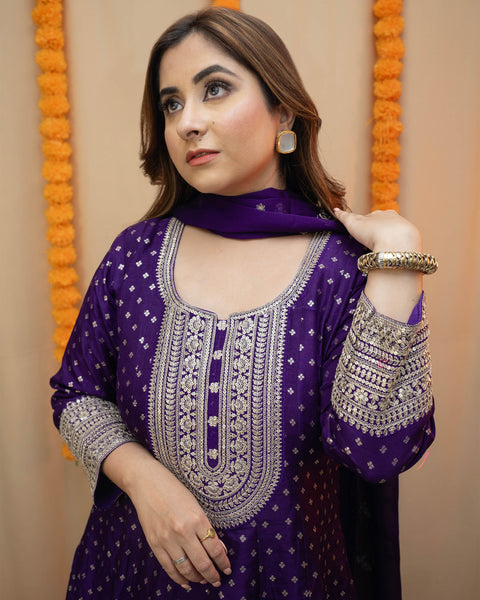 Purple Raw Silk Anarkali Suit with Heavy Silver Work