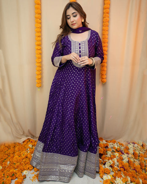 Purple Raw Silk Anarkali Suit with Heavy Silver Work