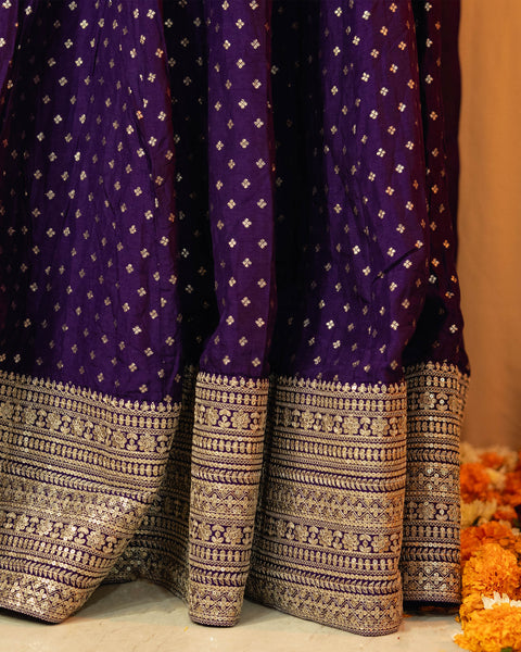 Purple Raw Silk Anarkali Suit with Heavy Silver Work