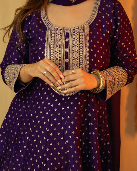 Purple Raw Silk Anarkali Suit with Heavy Silver Work