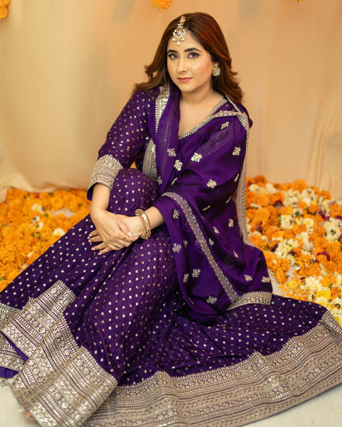 Purple Raw Silk Anarkali Suit with Heavy Silver Work