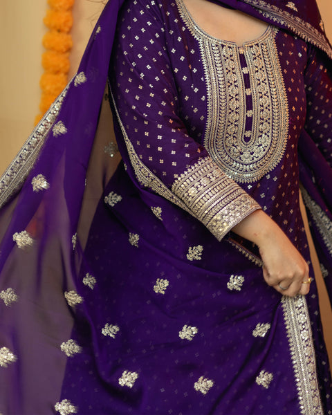 Purple Raw Silk Anarkali Suit with Heavy Silver Work