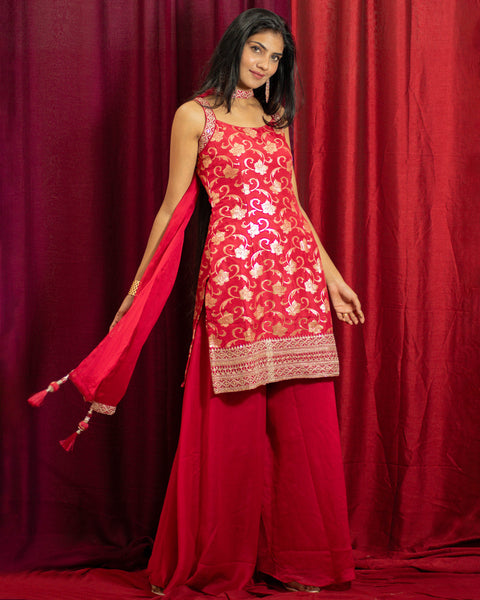 Red Three-Piece Palazzo Suit with Banarasi Work Kurta