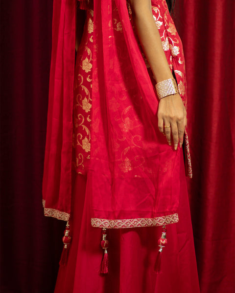 Red Three-Piece Palazzo Suit with Banarasi Work Kurta