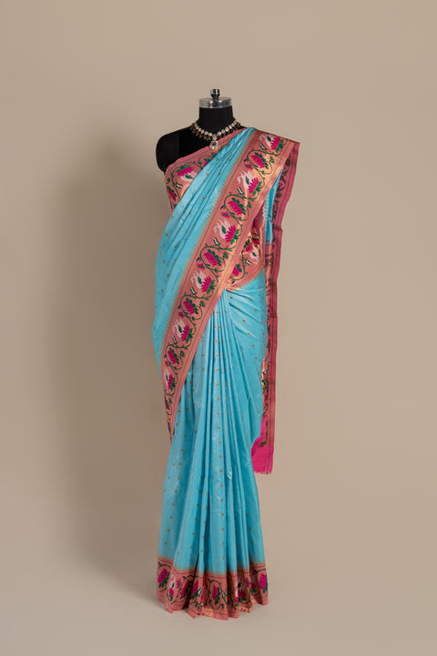 Rajhans Sky Blue Pure Silk Paithani Saree with Meena Butta