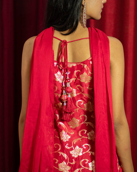 Red Three-Piece Palazzo Suit with Banarasi Work Kurta