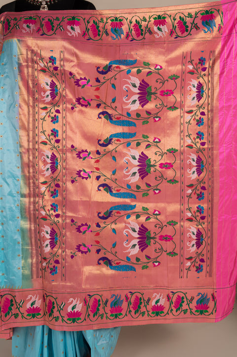 Rajhans Sky Blue Pure Silk Paithani Saree with Meena Butta