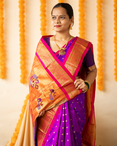 Purple Pure Silk Paithani with Contrasting Pink Traditional Border and Pallu