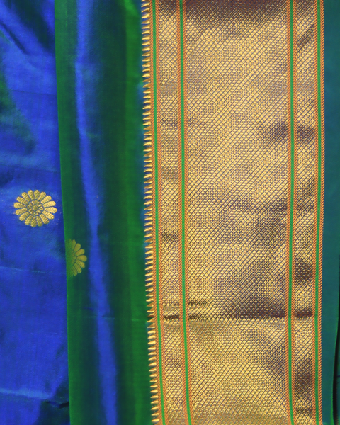 Royal Blue Paithani Pure Silk 10 Yard Saree with Green and Gold Zari Border