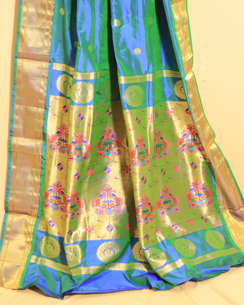 Royal Blue Paithani Pure Silk 10 Yard Saree with Green and Gold Zari Border