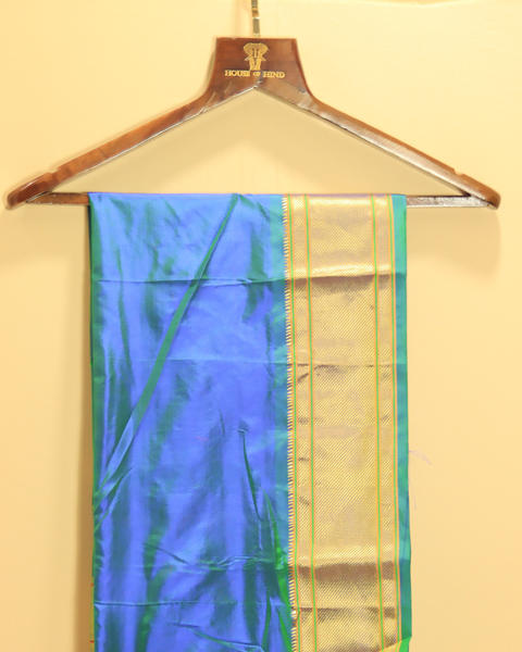 Royal Blue Paithani Pure Silk 10 Yard Saree with Green and Gold Zari Border