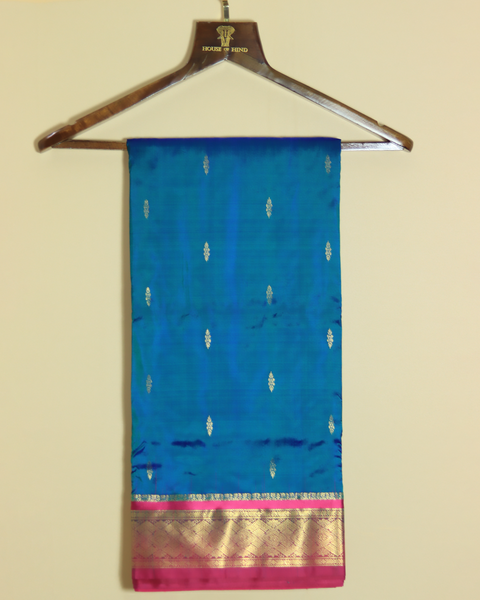 Blue 10 Yard Silk Saree with Rani Pink Zari Border