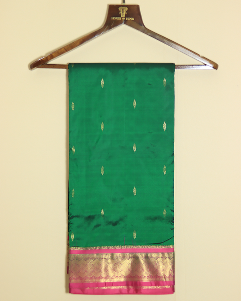 Forest Green 9-Yard Paithani Silk Saree with Pink Border