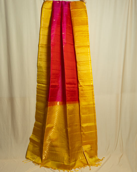 Elegant Rani Pink Soft Silk Saree with Contrast Yellow Border