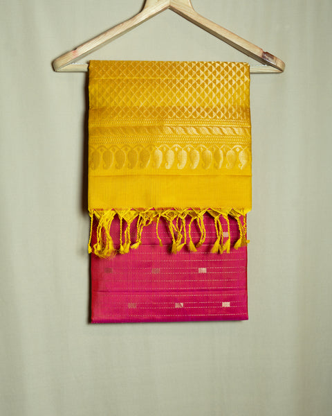 Elegant Rani Pink Soft Silk Saree with Contrast Yellow Border