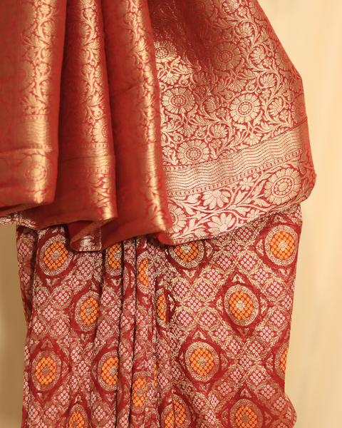 Maroon Bandhani Khaddi Georgette Saree