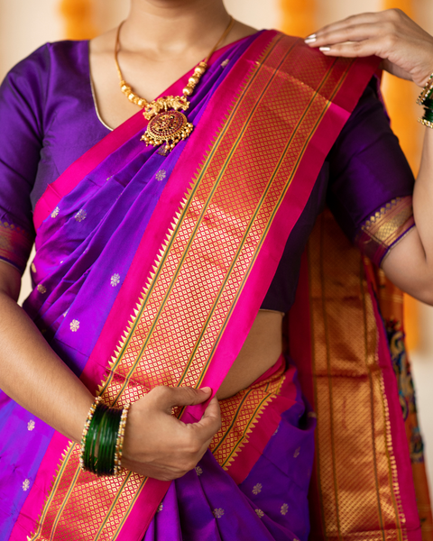 Purple Pure Silk Paithani with Contrasting Pink Traditional Border and Pallu