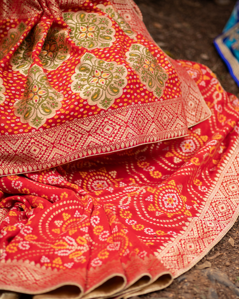 Classic Red Khaddi Georgette Bandhani Saree with Zari Border and Pallu
