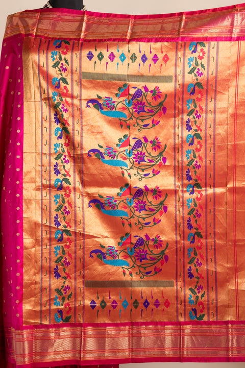Rani Pink Pure Silk Paithani Saree with Golden Chatai Border