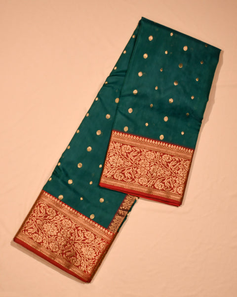 Dark Green Chanderi  Pure Silk Saree with Red Border