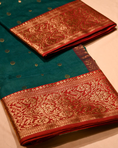 Dark Green Chanderi  Pure Silk Saree with Red Border