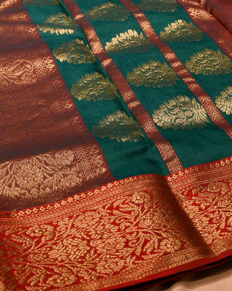 Dark Green Chanderi  Pure Silk Saree with Red Border