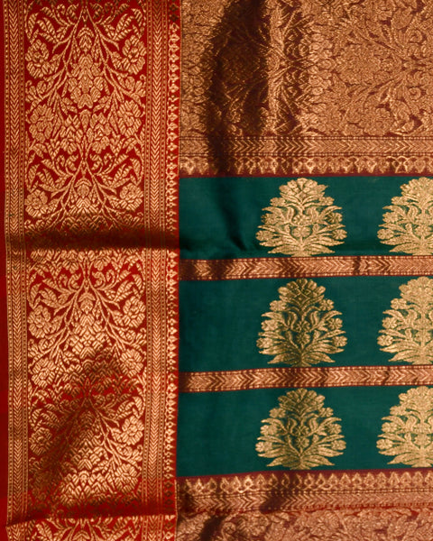 Dark Green Chanderi  Pure Silk Saree with Red Border