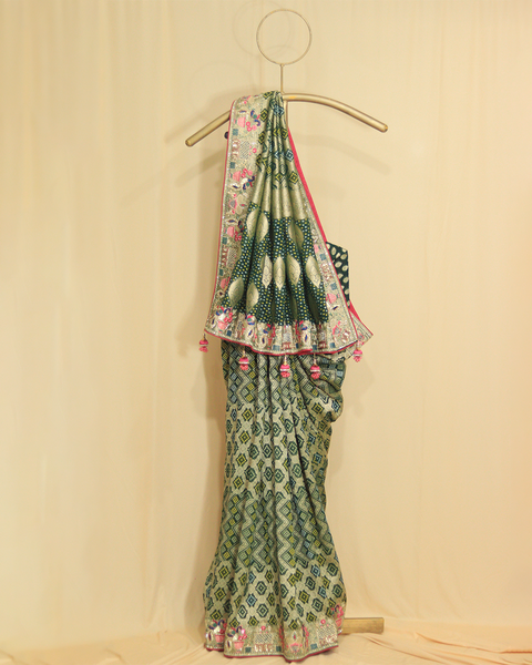 Green Designer Bandhani Saree with Red Blouse