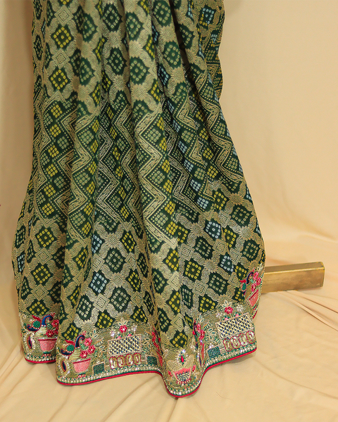 Green Designer Bandhani Saree with Red Blouse