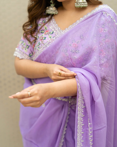 Lilac Crepe Designer Saree with Heavy Work Designer Blouse