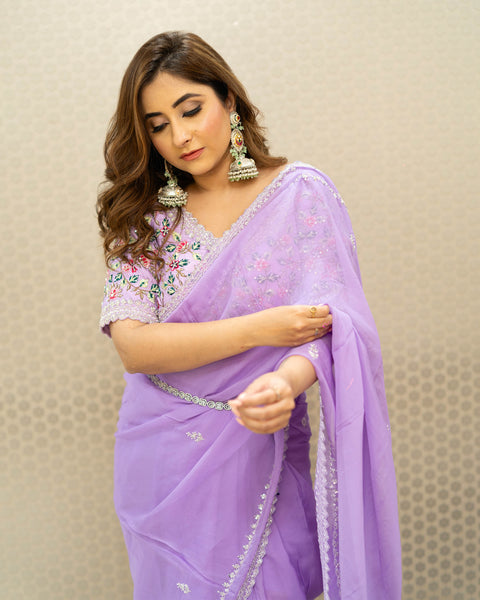 Lilac Crepe Designer Saree with Heavy Work Designer Blouse