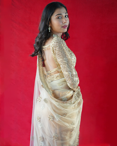 Net Golden Embroidered Elegant Saree