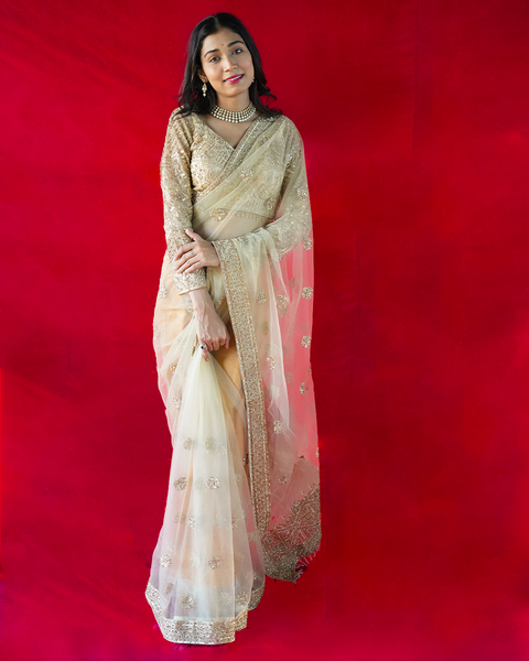 Net Golden Embroidered Elegant Saree