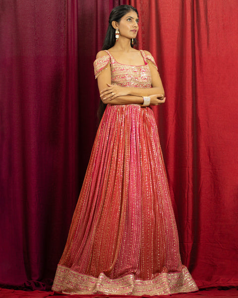 Heavy Red and Orange Striped Gown with Sequin Work