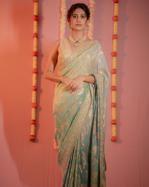 Ombre Light Green and Aqua Blue Designer Banarasi Saree