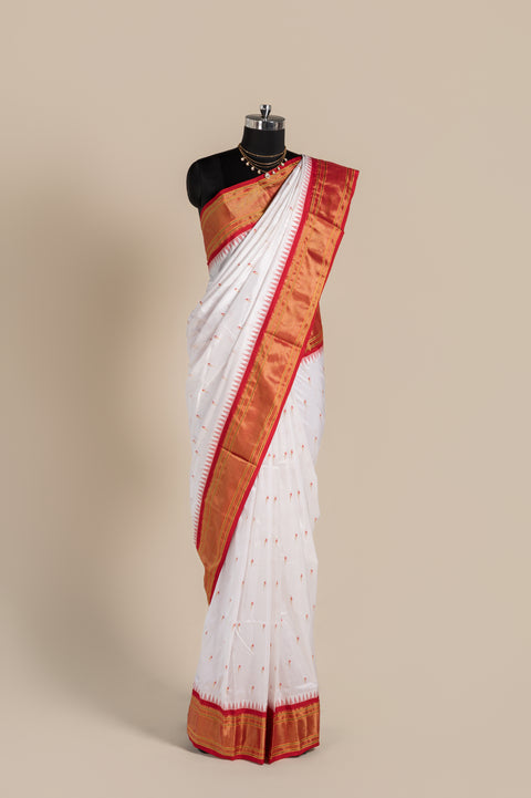 White Pure Silk Paithani Saree with Red Temple Chatai Border